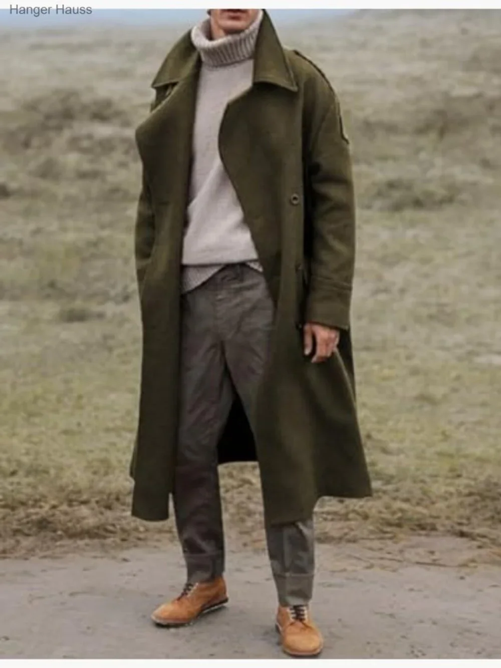 Men's Oversized Notched Faux Wool Blend Knee Length Trench Coat Winter Jacket_6